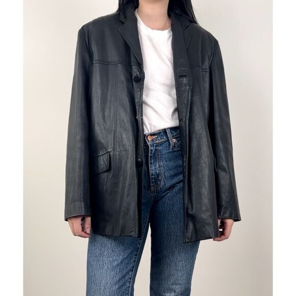 Vintage Black Genuine Leather Jacket with Detachable Faux Fur Lining - Picture 1 of 8